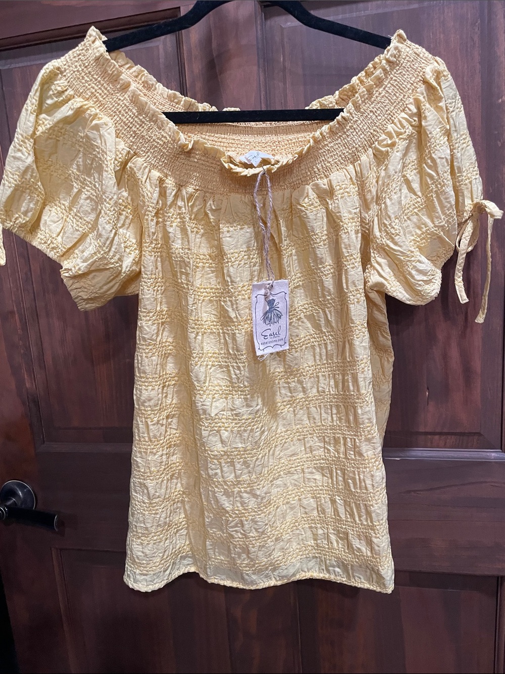 easel Sunny Yellow Smocked Off-Shoulder Peasant Blouse